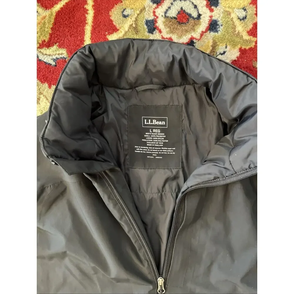 LL Bean Mens L Reg Storable Hood Parka Primaloft Full Zip Jacket Black